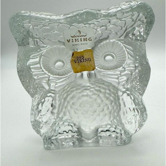 Vintage Viking Glass Frosted Clear Owl Sculpture Paperweight Figurine Retro - Picture 4 of 6